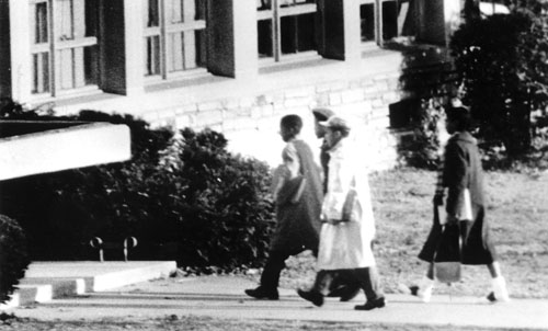 black and white photograph of black students entering Stratford Junior High in 1959