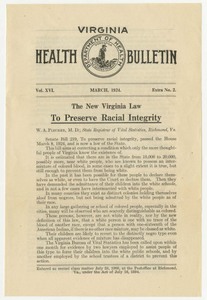 Front page of the Virginia Health Bulletin from March 1942, showing the headline "To Preserve Racial Integrity"