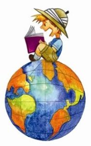 cartoon boy reads a book on top of a globe