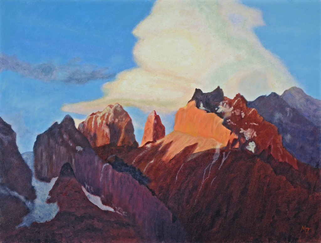 Painting of mountains and clouds