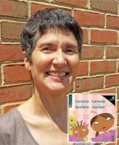 Photo of Mariela Aguilera with book cover of "clara guevara and glucar sugar" overlaid