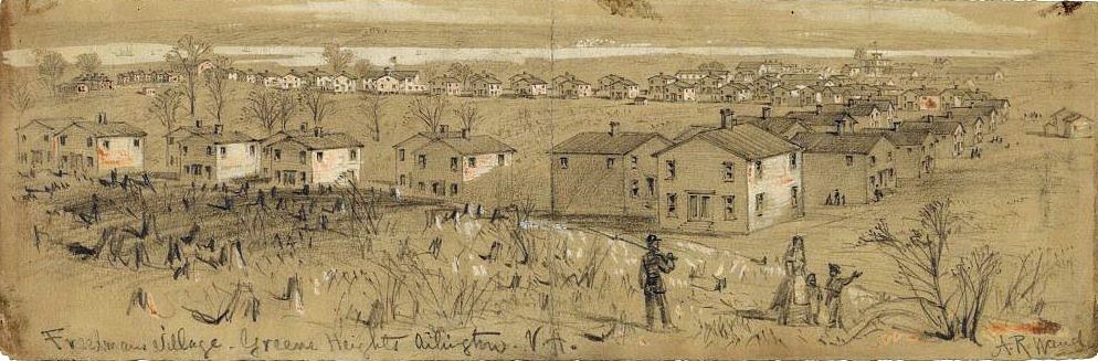 Ink painting on brown canvas of Freedman's Village