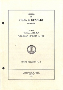 Cover page of Virginia State Senate document with the state seal, on yellow paper, and two holes punched on the left.