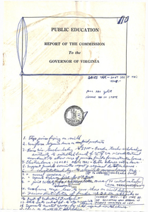 Front page of official report with state seal, hand written notes on the bottom half in blue pen, and various geometric doodles on the top half. Note include things like: "SALES TAX - DON'T SEE IT THIS TIME" "1. Stop price fixing on milk" "10. Workmans comp. law to cover those on civil defense"