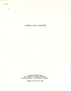 Front cover of 8 page sermon, typed on white paper