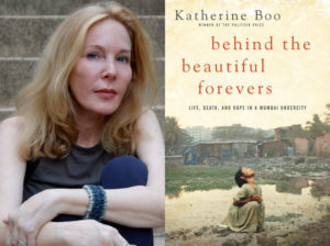 Headshot of Katherine Boo next to book cover for "Behind the Beautiful Forevers"