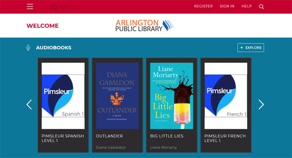 RBdigital website page with Arlington Public Library logo and 4 book covers