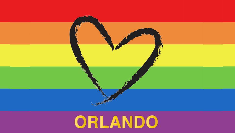 graphic of a rainbow flag with a drawing of a heart on top, and the word "Orlando" written below