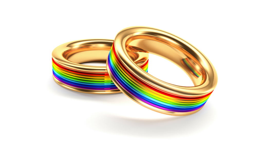 wedding bands with rainbows embedded inside them
