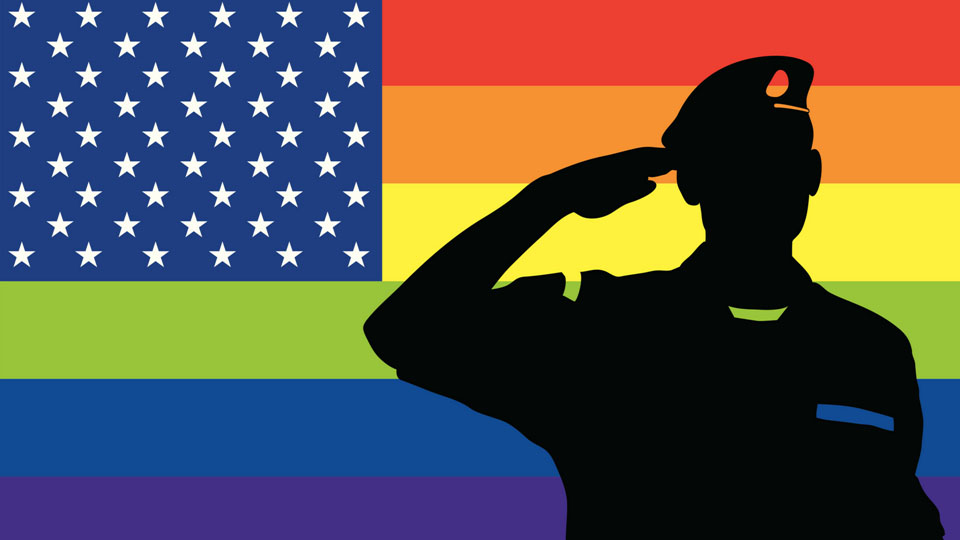 member of the armer forces saluting in front of a rainbow flag graphic