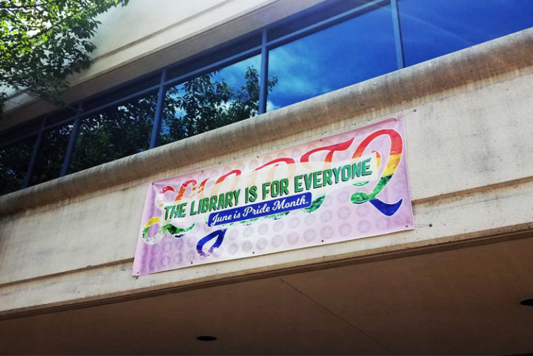 LGBTQIA Banner hanging at Central Library