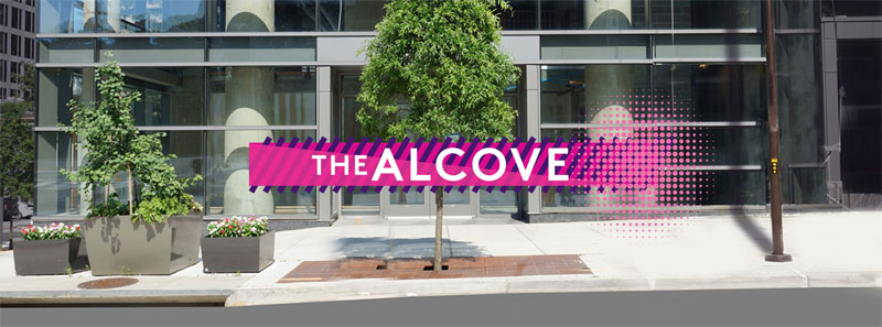 Photo of 1800 N Lynn St with the words "The Alcove" over the image