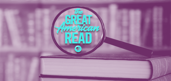 purple tinted photo of a magnifying glass resting on a stack of books with the words "The Great American Read" in the center