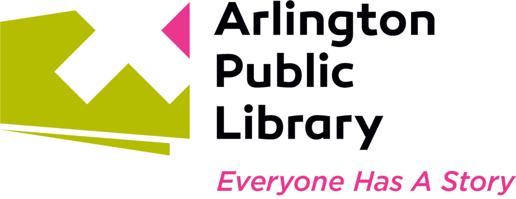 new green and magenta Arlington Public Library logo with tagline "Everyone has a story"