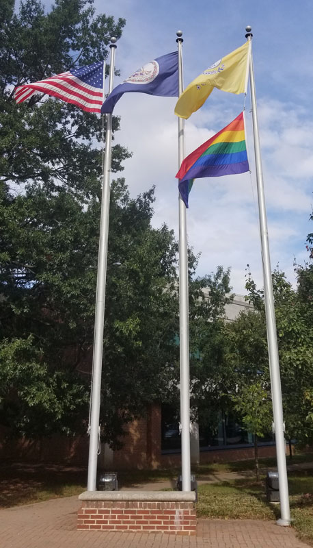 Pride flag flying below the County seal at Central Library