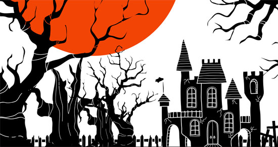 Silhouette haunted trees, a castle and a big orange moon