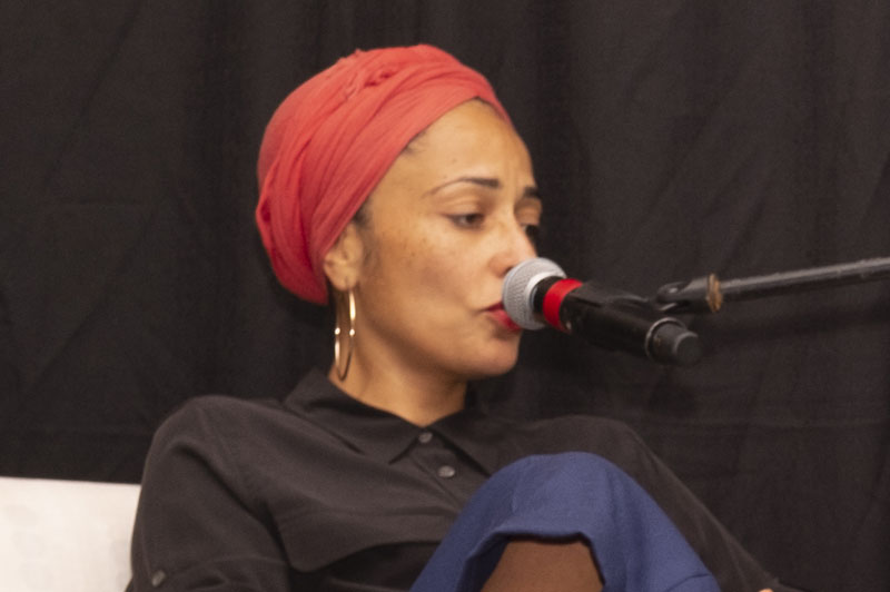 Close up of Zadie Smith speaking at Arlington Reads