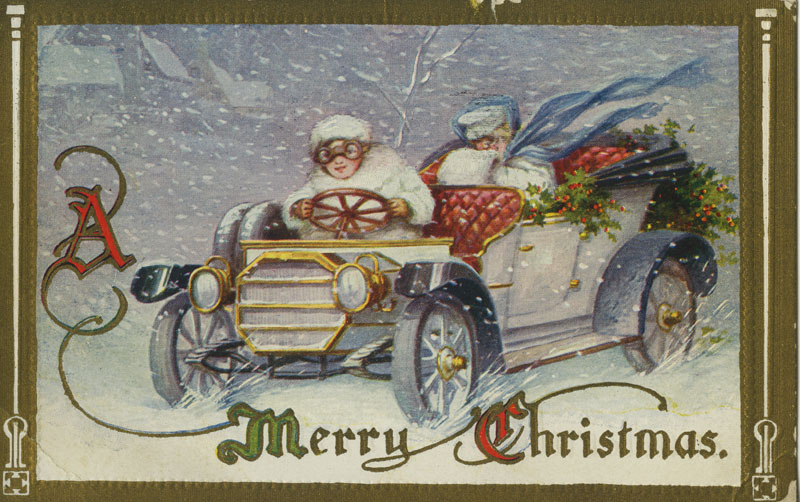 drawn postcard image of a woman in white furs driving an antique car in the snow