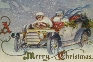 drawn postcard image of a woman in white furs driving an antique car in the snow