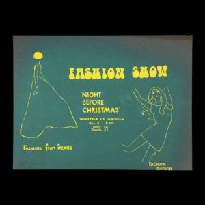 Green sikscreened poster, text reads "Fashion show featuring Fashions from Sears"