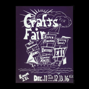 Purple silkscreened posted, text reads "Crafts Fair" with image of a pirate ship