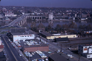 Aerial photo of Rosslyn neighborhood taken looking over the Potomac river towards Georgetown