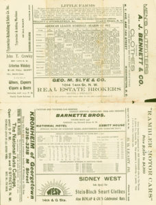 These pages are from a Washington Nationals game against the Chicago White Sox on July 16, 1912, attended by a member of the Olcott family from the Glencarlyn neighborhood. The first page has the 1912 American League schedule and 1911 standings