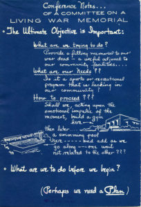 Promotional flyer advertising Potomac Engineering Corporation's services for planning and building a living war memorial, emphasizing the need for urban planning