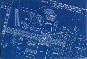 blueprint plan showing the grounds layout, from a promotional flyer advertising Potomac Engineering Corporation's services for planning and building a living war memorial.
