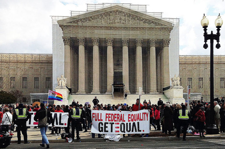Photo of the Supreme COurt with marriage equality protesters