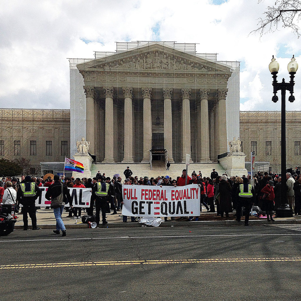 Photo of the Supreme Court building with Marriage Equality protesters
