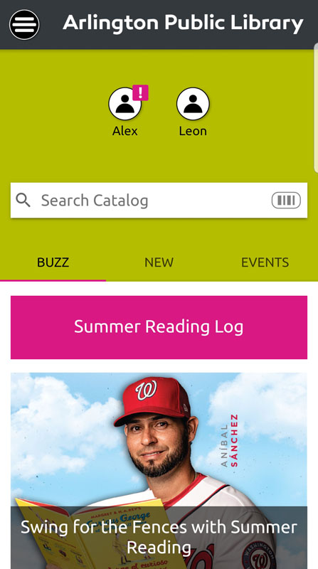 Home screen of the Library app show Summer Reading Log in magenta bar