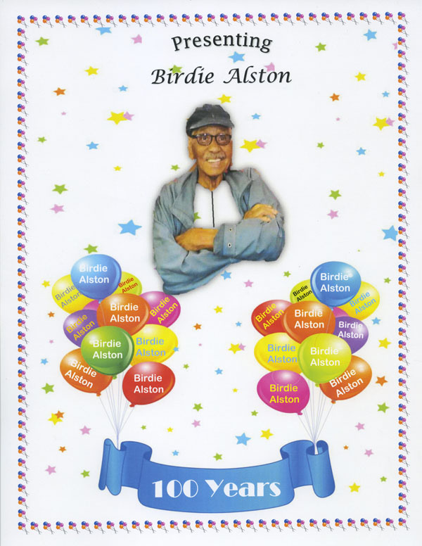 Birdie Alston's birthday poster with balloons
