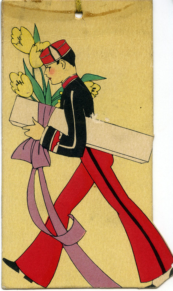 dance card decorated with a drawing of a bellboy carrying a flower box