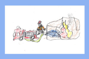 child's drawing of a firefighter spraying water on the Pentagon