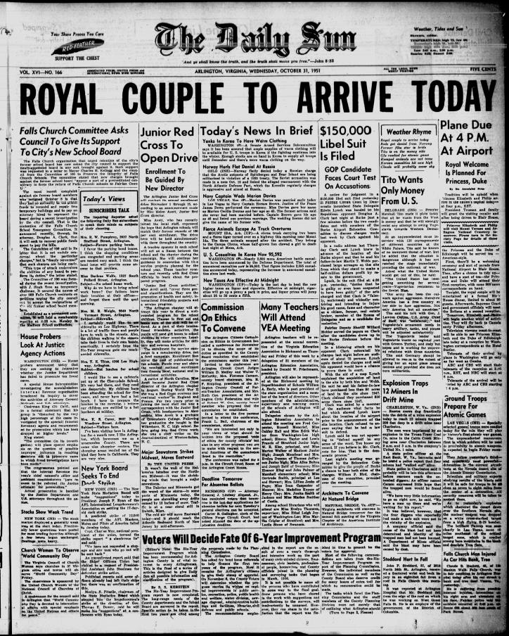 Newspaper headline: Royal couple to arrive today.