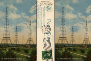 layered postcards of the radio towers