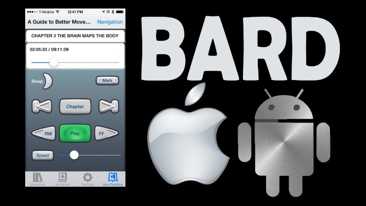 BARD mobile "now reading" screenshot and gray large letters BARD with the gray Apple image and gray robot image.