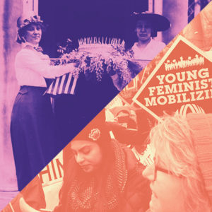 Event graphic for an exhibition titled "Women's Work: Then & Now," showing a purple-colored photo of Gertrude Crocker and a peach-colored photo of Women's March protesters.