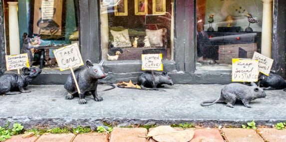 Photo of street diorama with rubber rats holding signs in Old Town Alexandria.