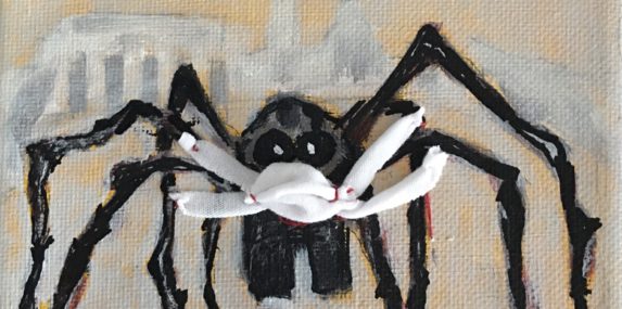 If Louise Bourgeois was alive, I think she would supply a mask and blue plastic gloves to her Spider residing at the National Gallery of Art in Wash DC. This is a 5X7 canvas using acrylic, cloth and bits of a plastic glove.