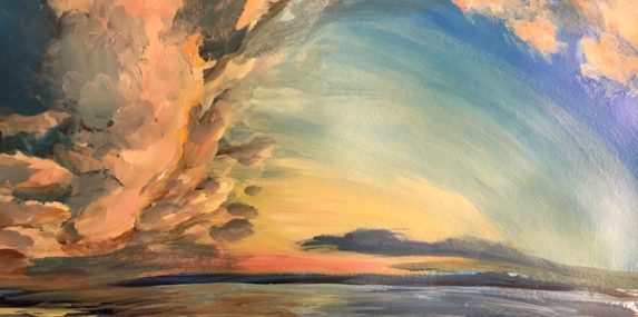 This 11x14” acrylic painting is based on a sunset photo taken by a friend on his sailboat while sailing on the Potomac before the Stay-at-home order. It reminds me to treasure the freedom we still have to explore in nature.