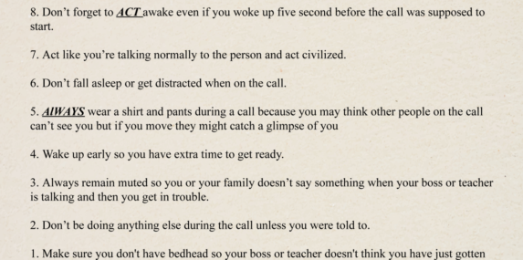 The Top Ten List of what you should and shouldn't do on a video call for work or school.
