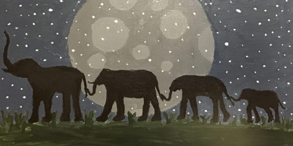 This is a group of elephants walking in the middle of the night with their trunks holding on to the tail of the elephant in front of them. They are under a starry night and a full moon. I painted it because I thought it would be fun and it would keep me busy, so that I am not bored.