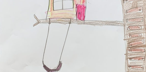 A treehouse with a swing underneath. The other house holds their food supply. The ladder is for them to climb to the storage supply house. The big house has a sofa, table, beds, and fun toys. The sun is shining and the grass smells like apples.