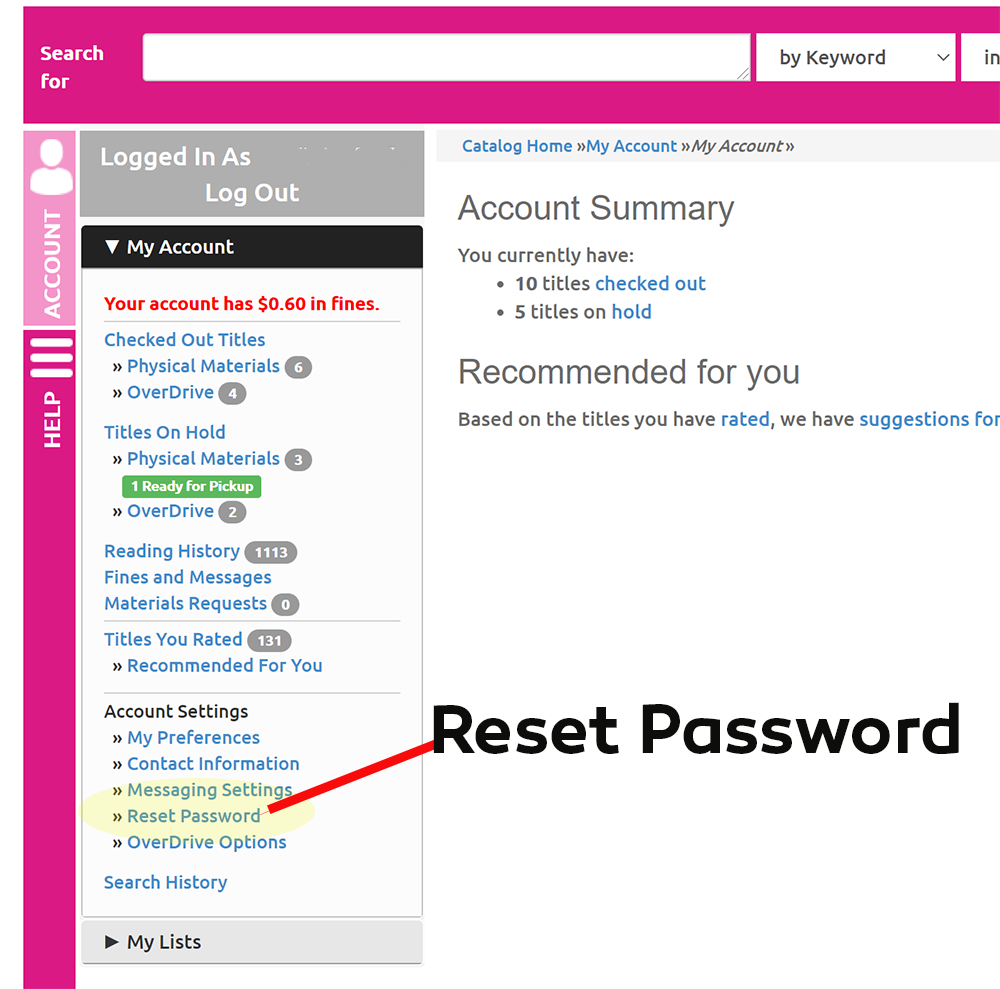 Where to reset your password in your Library account