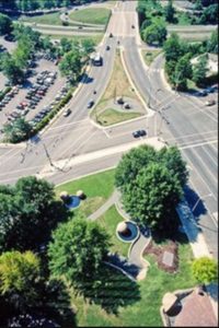 Dark Star Park seen from above shows an intersection with trees