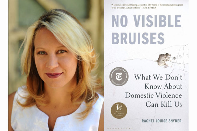 Photo of Rachel Snyder next to the cover of "No Visible Bruises"