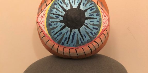 As someone with the bad habit of constantly touching my face and eyes, the CDC's COVID prevention recommendations (don't touch your face, eyes, nose, mouth) have been very hard to follow! My pumpkin is an homage to how much scarier my bad habits became in 2020.