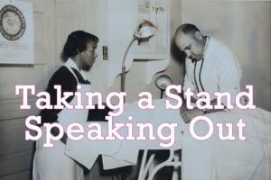 Photo of Dr. Bruner examining a patient, assisted by a nurse.